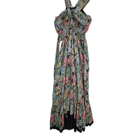 Tropical Print Maxi Dress With Crisscross Straps & Black Lace Trim By Barok - Picture 6 of 15